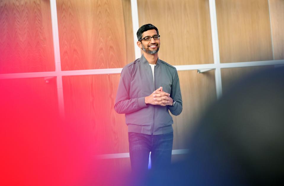 Google CEO Sundar Pichai speaks during the Google I/O 2019 keynote session at Shoreline Amphitheatre in Mountain View, California on May 7, 2019. (Photo by Josh Edelson / AFP) (Photo by JOSH EDELSON/AFP via Getty Images)