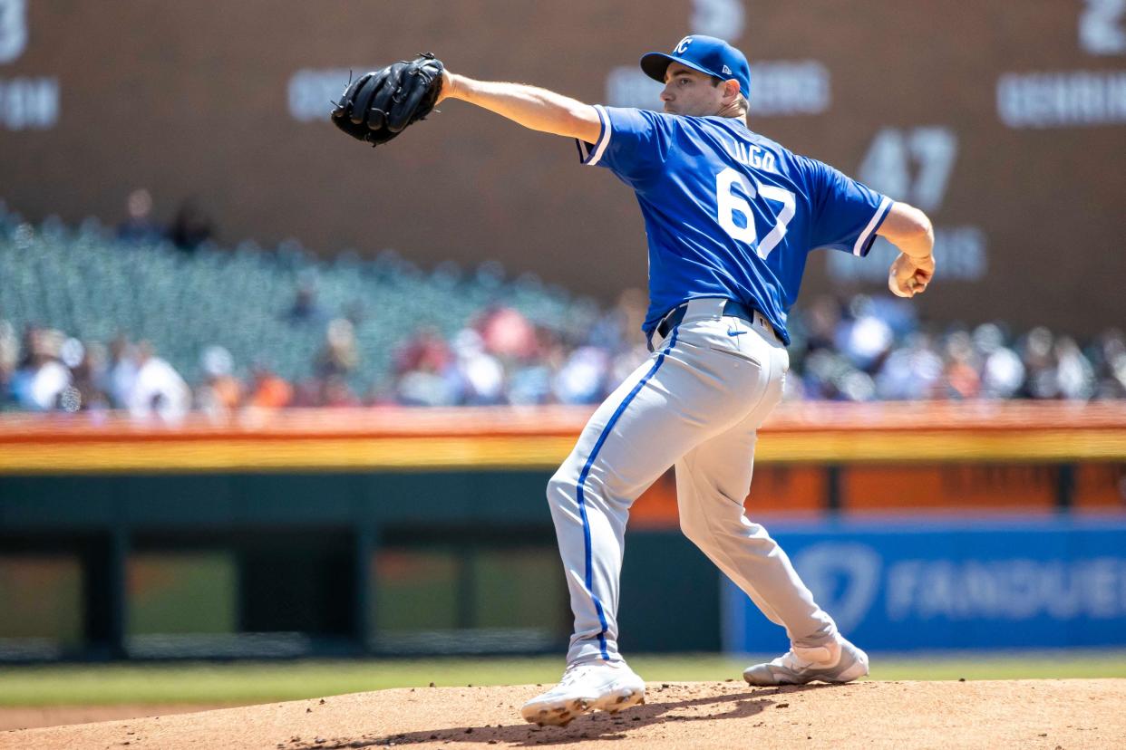 Kansas City Royals pitcher Seth Lugo (67) throws in the first inning against the Detroit Tigers at Comerica Park in Detroit on Friday, April 26, 2024.