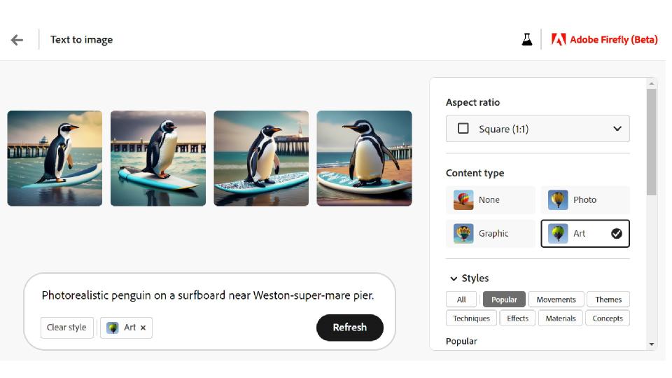 Generating images of penguins in Adobe Firefly interface