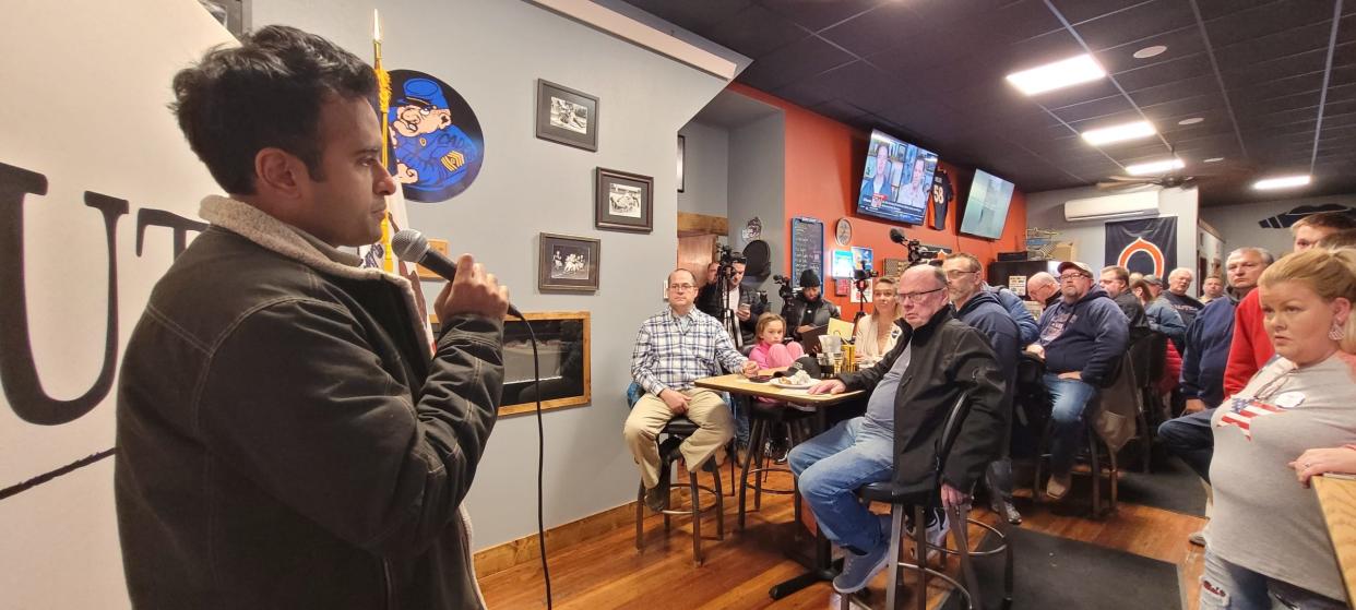 Republican Presidential Candidate Vivek Ramaswamy speaks on Thursday Dec. 7, 2023 in Cresco, Iowa.