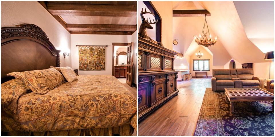 The downstairs ensuite at The Castle Gatehouse (left) and the Grand Room (right).