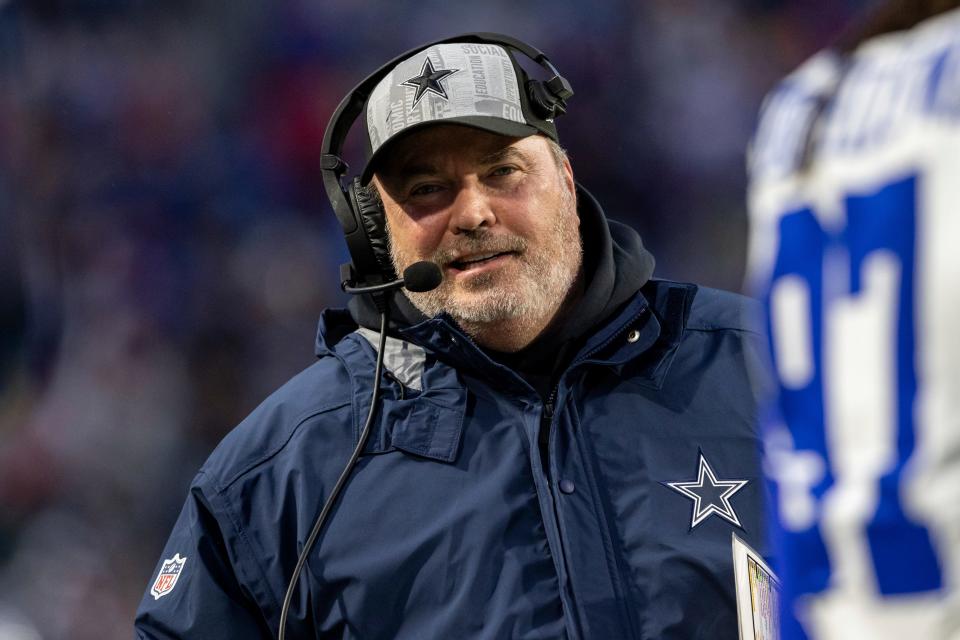 Dallas Cowboys head coach Mike McCarthy looks on before an NFL football game, Sunday, Dec. 17, 2023, in Orchard Park, NY.