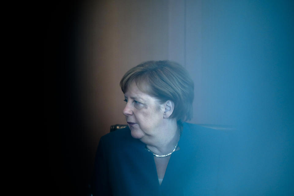 German Chancellor Angela Merkel attends the weekly cabinet meeting of the German government at the chancellery in Berlin, Germany, Wednesday, May 29, 2019. (AP Photo/Markus Schreiber)