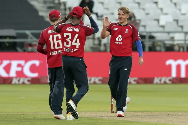 Sam Curran, right, celebrates the wicket of Heinrich Klaasen