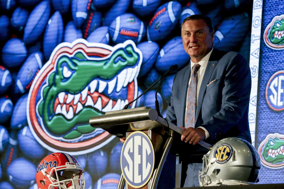 Florida head coach Dan Mullen speaks to reporters during the NCAA college football Southeastern Conference Media Days Monday, July 19, 2021, in Hoover, Ala. (AP Photo/Butch Dill)