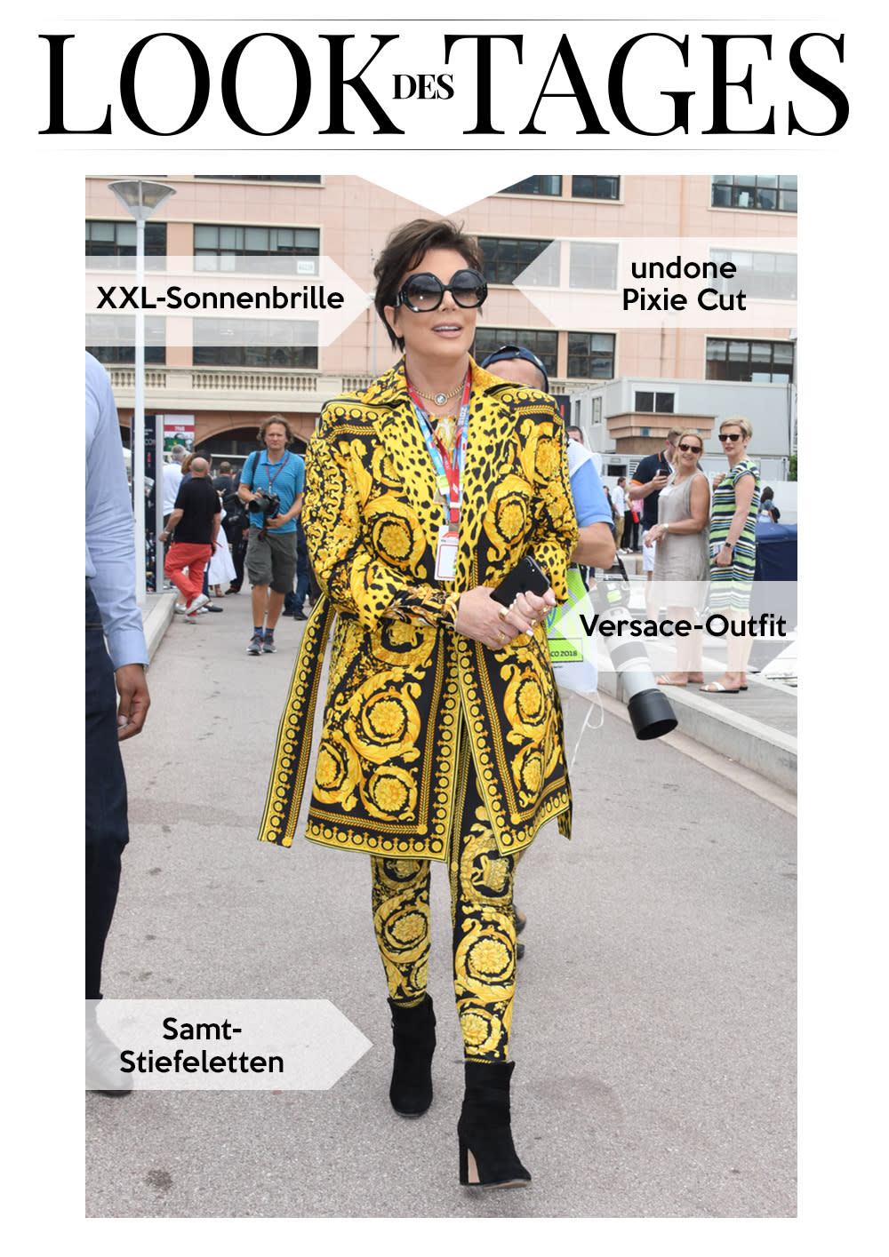Kris Jenner hüllte sich für ein Formel-1-Rennen in Monaco in ein Outfit mit typischem Versace-Print. (Bild: WENN)