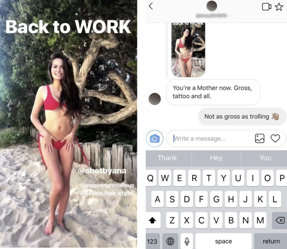 Model and mom-of-one Caitlin McHugh was sent a rude message from an internet troll <em>(Photo via Instagram)</em>