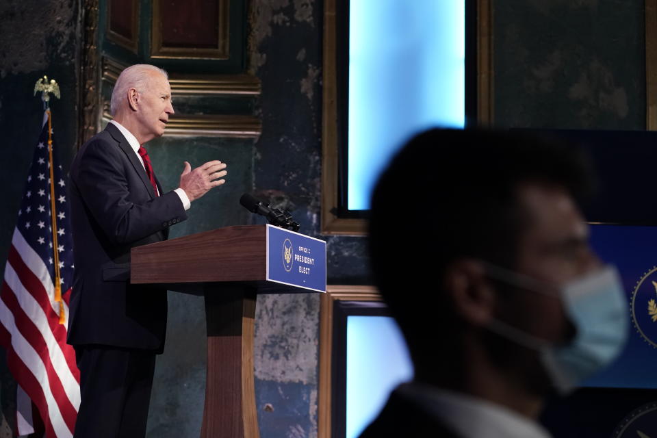 President-elect Joe Biden speaks during an event at The Queen theater, Friday, Jan. 15, 2021, in Wilmington, Del. (AP Photo/Matt Slocum)