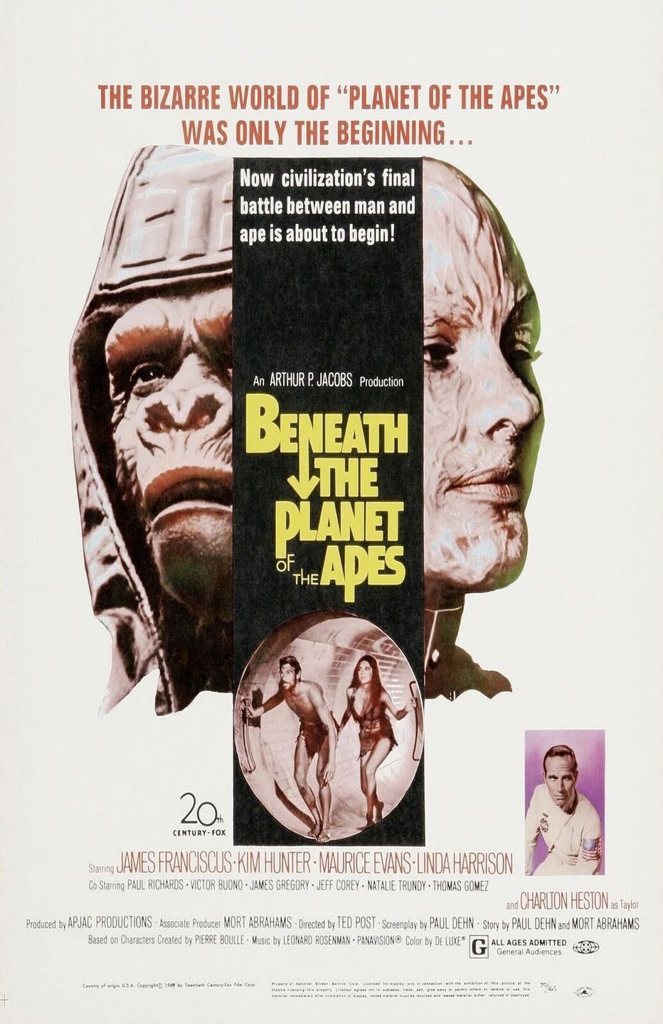 a movie poster with an ape and a human then two humans exiting a tunnel