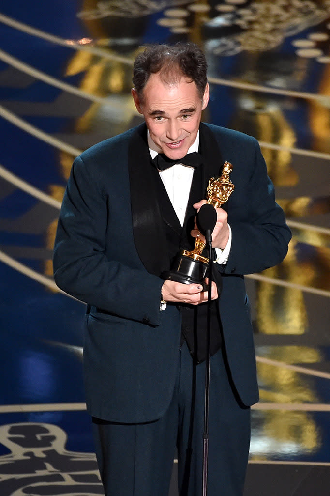 Mark Rylance accepts the Best Supporting Actor award for 'Bridge of Spies’ onstage during the 88th Annual Academy Awards at the Dolby Theatre on February 28, 2016 in Hollywood, California.  