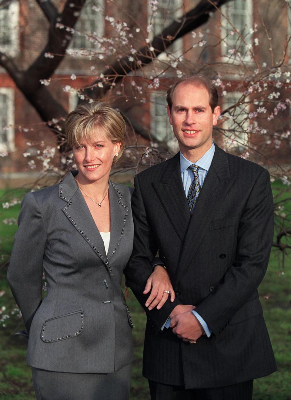 <p>Prince Edward met Sophie Rhys-Jones back in 1993 at a tennis event.<br><br>They became engaged on 6 January 1999 after the young royal proposed with a two-carat oval ring which features two heart-shaped gemstones.<br><br>The ring was made by Asprey and Garrard and reportedly cost £105,000 at the time. <em>[Photo: Getty]</em> </p>