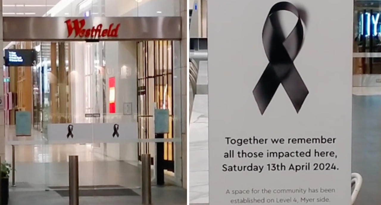 Black ribbons pictured at entrances to the Westfield shopping centre. Source: TikTok/ alejandra.mmj