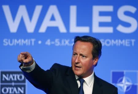 Britain's Prime Minister David Cameron speaks during a news conference on the second and final day of the NATO summit at the Celtic Manor resort, near Newport, in Wales September 5, 2014. REUTERS/Andrew Winning