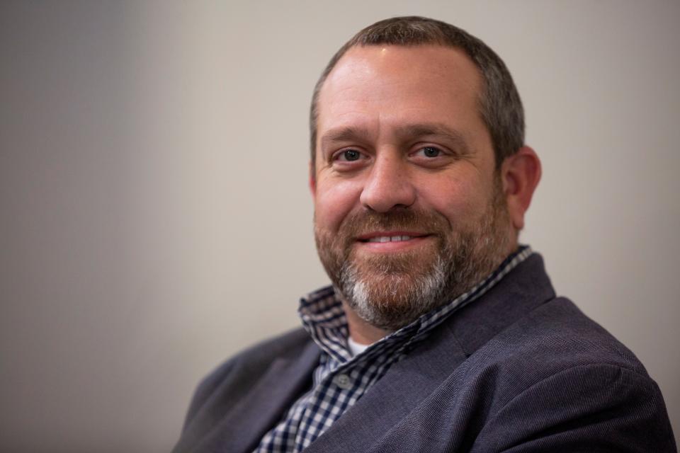 Travis Markwood, President of the Lancaster Fairfield County Chamber of Commerce, sits inside of the Lancaster Fairfield County Chamber of Commerce in Lancaster, Ohio on January 12, 2022.