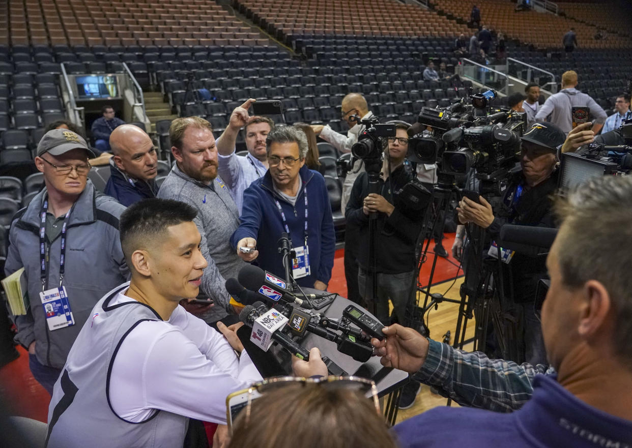 Toronto Raptors guard Jeremy Lin (17) addresses the media during media day for the 2019 NBA Finals at Scotiabank Arena. Mandatory Credit: Kyle Terada-USA TODAY Sports