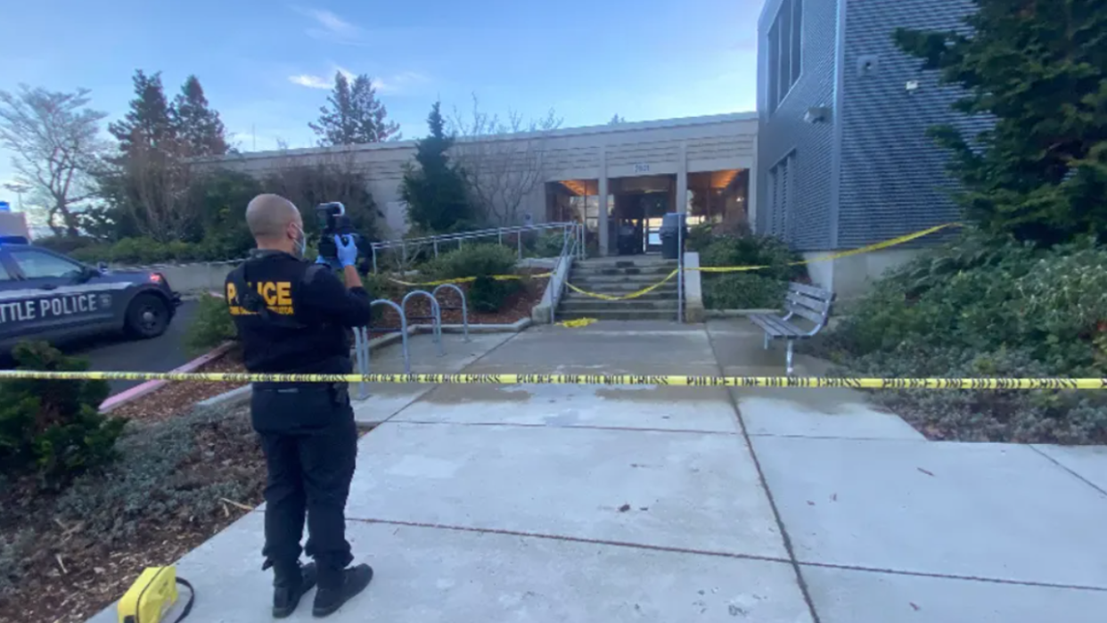 <div>Crime tape surrounds the entrance of the Southwest Community Center in West Seattle where Mobarak Adam was shot to death in January 2024.</div> <strong>(FOX 13 Seattle)</strong>