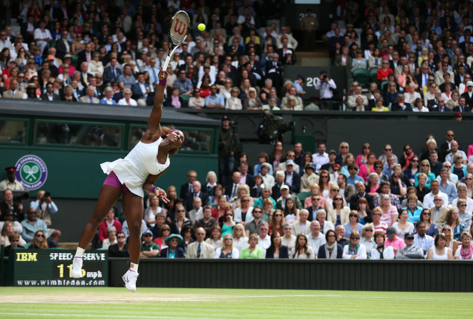 Serena Williams of the USA serves the ball during her Ladies Singles final match against Agnieszka Radwanska of Poland on day twelve of the Wimbledon Lawn Tennis Championships at the All England Lawn Tennis and Croquet Club on July 7, 2012 in London, England. (Photo by Julian Finney/Getty Images)