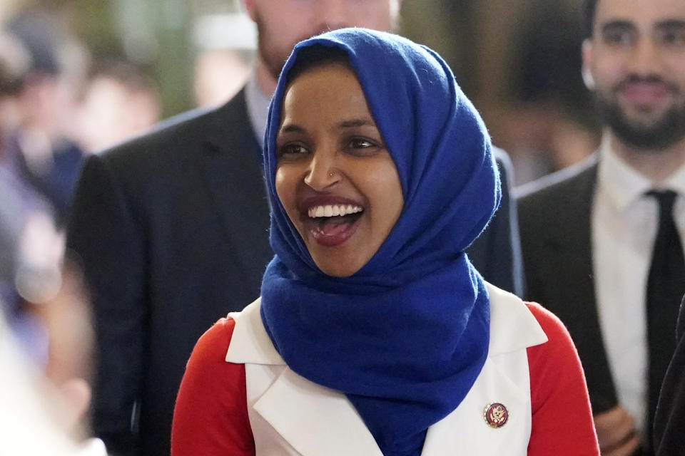 In this Feb. 5, 2019 photo, Rep. Ilhan Omar, D-Minn., arrives for President Donald Trump's State of the Union address to a joint session of Congress on Capitol Hill in Washington. (AP Photo/Carolyn Kaster)