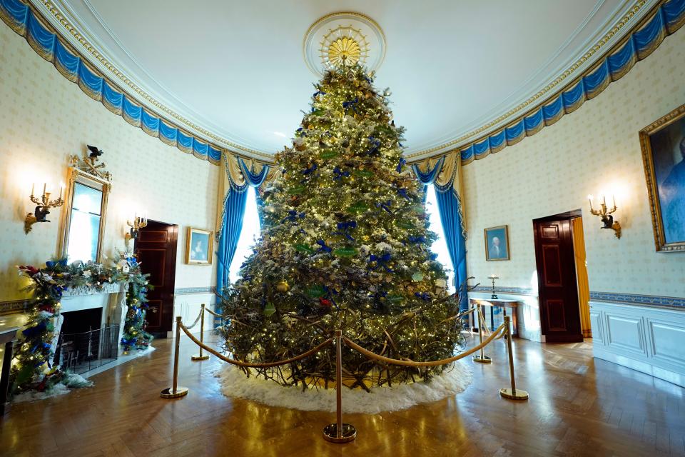 The White House Christmas Tree in the Blue Room of the White House in 2022