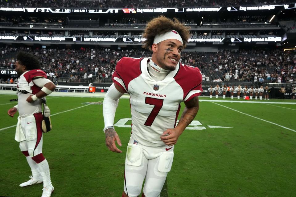 Arizona Cardinals cornerback Byron Murphy Jr. (7) celebrates after scoring on a 59-yard fumble recovery in overtime against the Las Vegas Raiders at Allegiant Stadium on Sept. 18, 2022.
