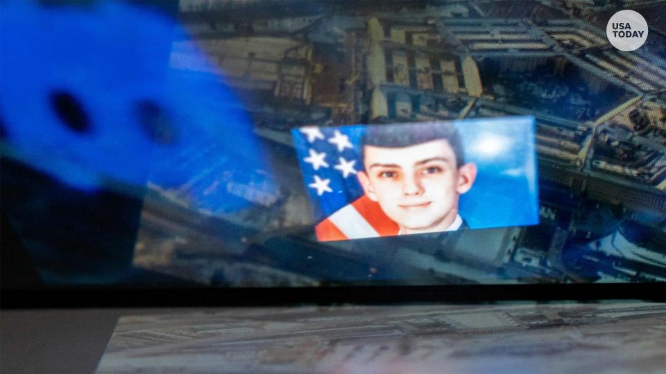 This photo illustration created on April 13, 2023, shows the Discord logo and the suspect, national guardsman Jack Teixeira, reflected in an image of the Pentagon in Washington, DC. - FBI agents on Thursday arrested a young national guardsman suspected of being behind a major leak of sensitive US government secrets -- including about the Ukraine war. US Attorney General Merrick Garland announced the arrest made "in connection with an investigation into alleged unauthorized removal, retention and transmission of classified national defense information."