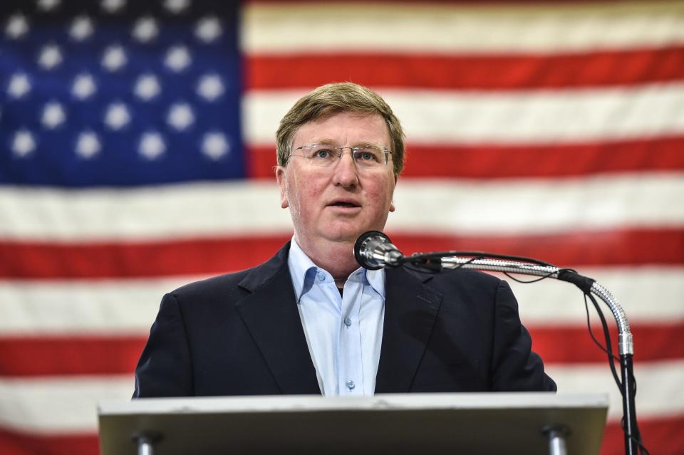 Gov. Tate Reeves speaks to the audience as he announces his re-election campaign at Stribling Equipment in Richland on Wednesday, May 3, 2023.