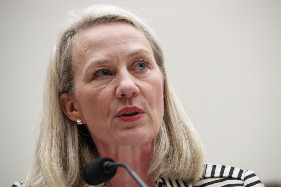 FILE - In this Thursday, Sept. 19, 2019, file photo, Alice Wells, acting Assistant Secretary of South and Central Asian Affairs, testifies during a House Foreign Affairs Committee hearing on administration policy in Afghanistan, on Capitol Hill in Washington. The Trump administration remains concerned about the ongoing crackdown in India-administered Kashmir, the restive Himalayan region stripped of its special constitutional status in August, but supports India's development "objectives" there, Wells said in a statement Tuesday, Oct. 22, ahead of a congressional hearing in Washington. (AP Photo/Jacquelyn Martin, File)