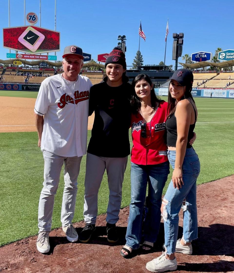 Cleveland Guardians relief pitcher Eli Morgan enjoys a postgame moment at Dodger Stadium with his father, Dave, mother, Diana, and sister, Briana, on Father's Day, June 19, 2022. Eli Morgan picked up the victory in the finale of the three-game series against the Los Angeles Dodgers.