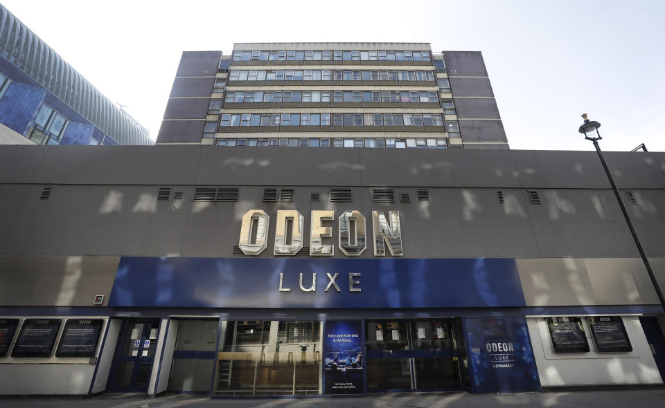 The Odeon Luxe Cinema in Leicester Square in London, Thursday, April 16, 2020. (AP Photo/Kirsty Wigglesworth)