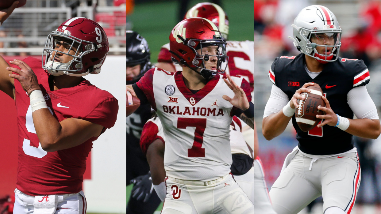 From left, Alabama quarterback Bryce Young, Oklahoma quarterback Spencer Rattler and Ohio State quarterback CJ Stroud round out the top three favorites for the 2021 Heisman Trophy, according to SuperBook Sports' latest odds.