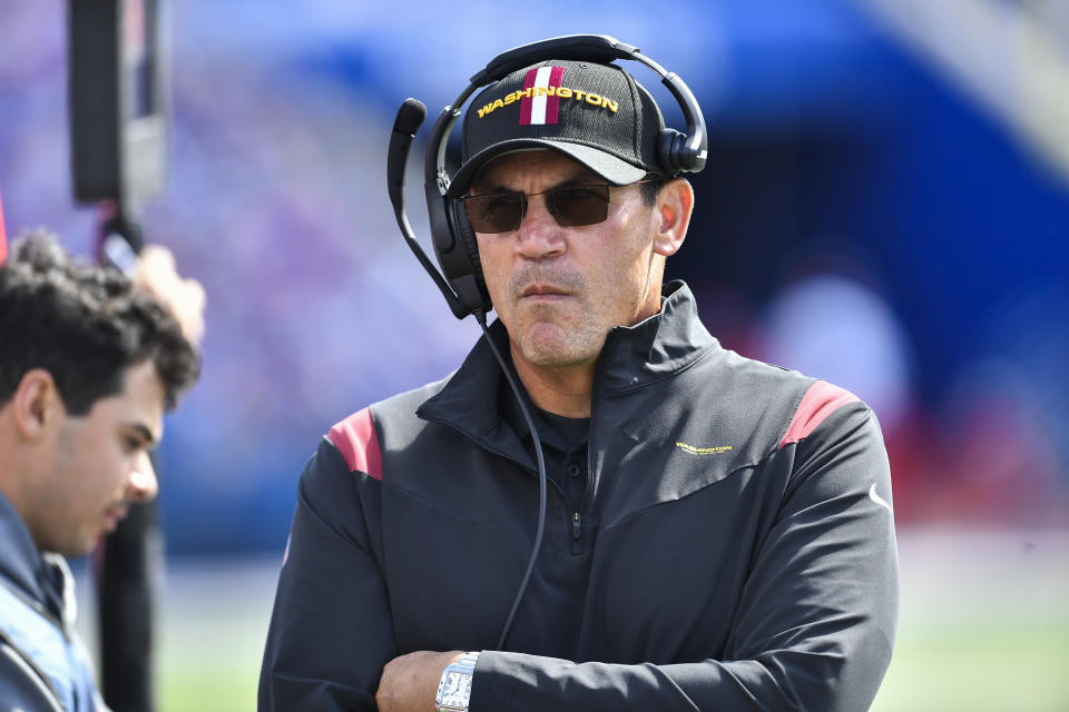 Washington Football Team head coach Ron Rivera reacts during the first half of an NFL football game against the Buffalo Bills, Sunday, Sept. 26, 2021, in Orchard Park, N.Y. (AP Photo/Adrian Kraus)