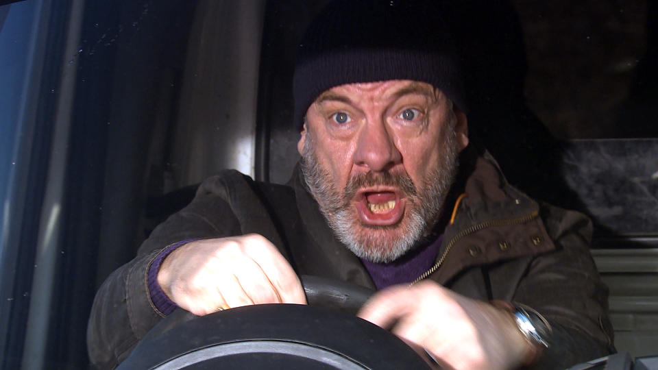 FROM ITV

STRICT EMBARGO 
Print media - No Use Before Tuesday 23rd March 2021
Online Media - No Use Before 0700hrs  Tuesday 23rd March 2021

Emmerdale - Ep 901011

Thursday 1st April 2021

At the wheel of the truck, Jimmy King [NICK MILES] struggles to breathe and as he rounds a corner, heÕs blinded by the glare of the sun and loses control, bracing himself for impactÉ

Picture contact David.crook@itv.com 

This photograph is (C) ITV Plc and can only be reproduced for editorial purposes directly in connection with the programme or event mentioned above, or ITV plc. Once made available by ITV plc Picture Desk, this photograph can be reproduced once only up until the transmission [TX] date and no reproduction fee will be charged. Any subsequent usage may incur a fee. This photograph must not be manipulated [excluding basic cropping] in a manner which alters the visual appearance of the person photographed deemed detrimental or inappropriate by ITV plc Picture Desk. This photograph must not be syndicated to any other company, publication or website, or permanently archived, without the express written permission of ITV Picture Desk. Full Terms and conditions are available on  www.itv.com/presscentre/itvpictures/terms