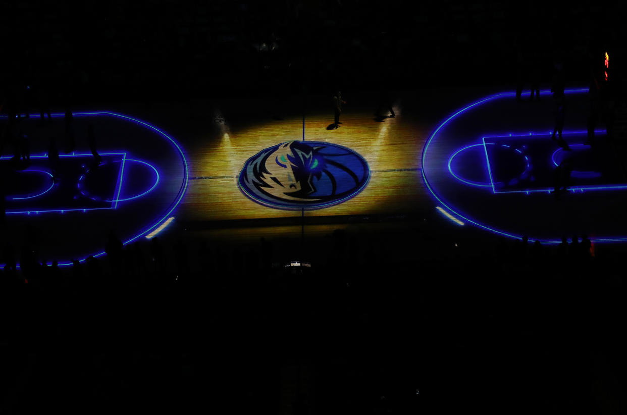 Mavericks logo at half court.