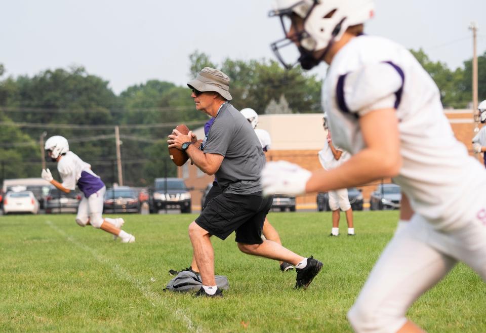 Aug 2, 2023; Columbus, OH, United States; Football Coach Pat Sergio directs the linebackers during football practice at Saint Francis DeSales High School. (Syndication: The Columbus Dispatch)