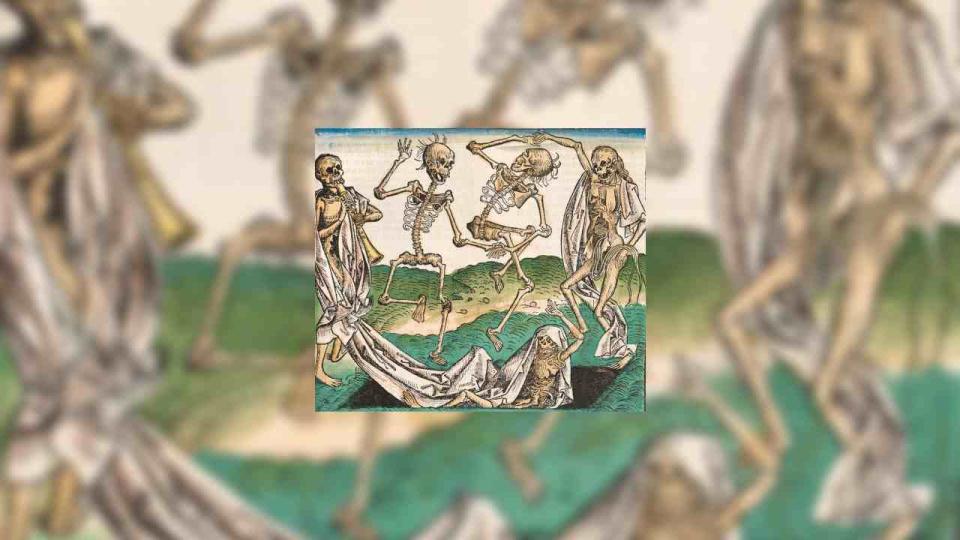 Michael Wolgemut (1493): Tanz der Gerippe, coloriert. Das siebte Zeitalter der Welt nach Christlich-mittelalterlichem Verständnis.