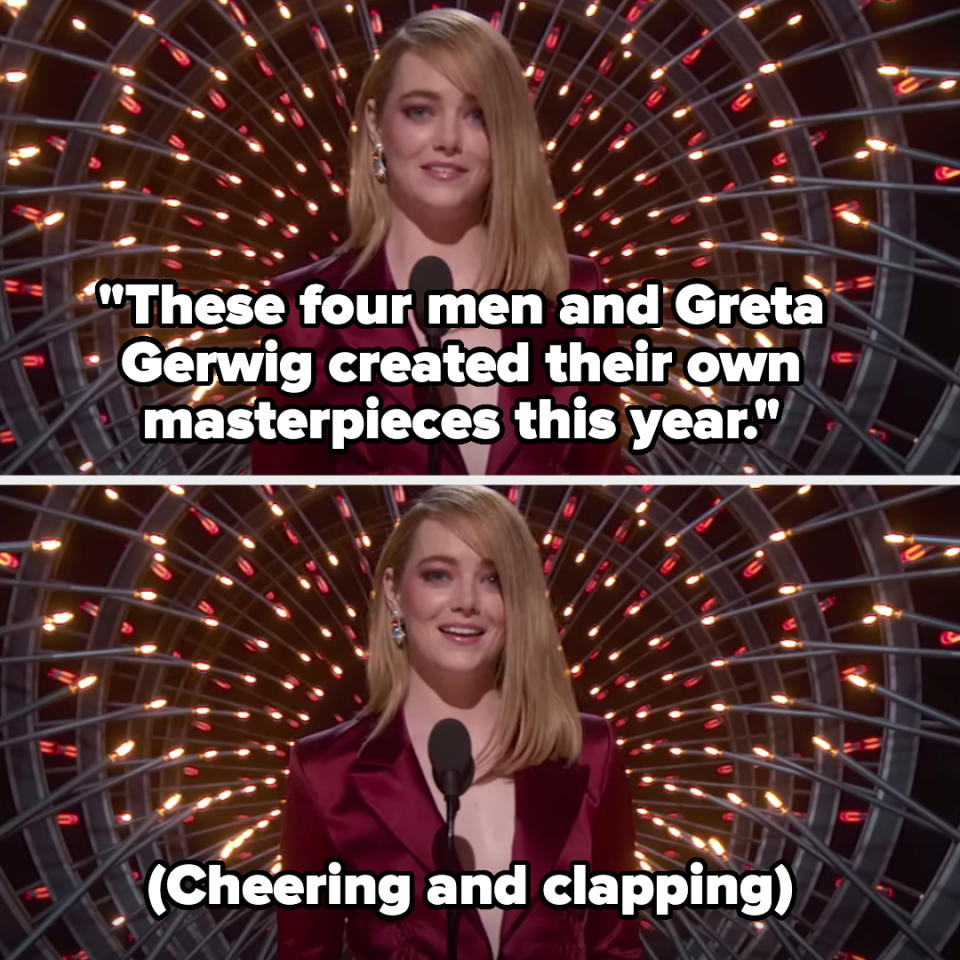 Closeup of Emma Stone presenting an award