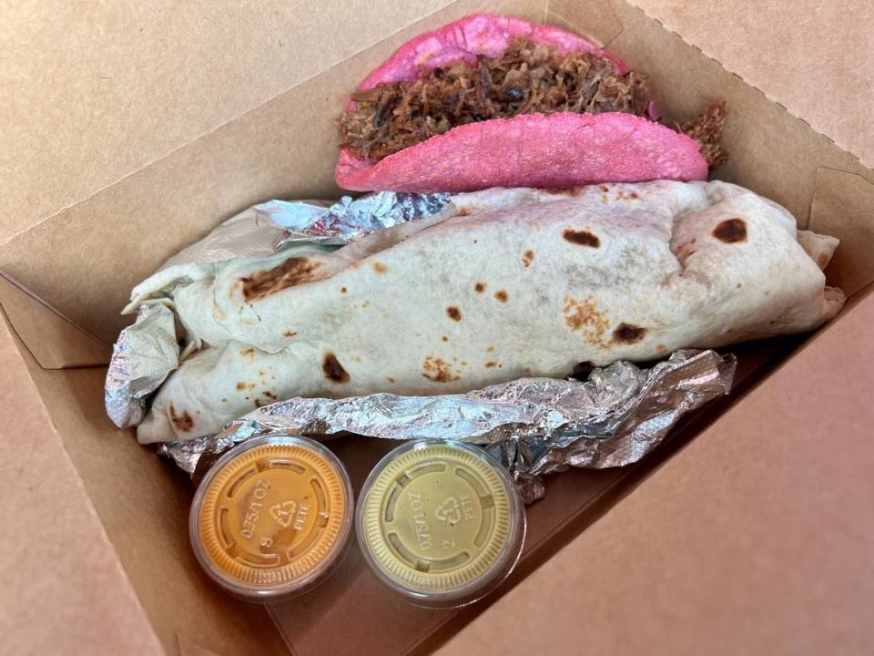 Cafecito serves burritos and tacos to go on fresh tortillas, including “pink tacos” with beet juice added for color, as shown Sept. 2, 2023.