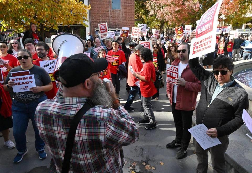Hundreds gathered as the Fresno Chapter of the California Faculty Association held a rally and march calling attention to contract negotiations Tuesday morning, Nov. 7, 2023 in Fresno.