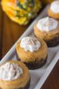 <p>These small desserts are big on flavor thanks to a gingersnap crust.</p><p><strong>Get the recipe at <a href="http://www.cookingonthefrontburners.com/2013/11/pumpkin-cheesecakes-with-gingersnap.html" rel="nofollow noopener" target="_blank" data-ylk="slk:Cooking on the Front Burner;elm:context_link;itc:0;sec:content-canvas" class="link ">Cooking on the Front Burner</a>.</strong> </p>