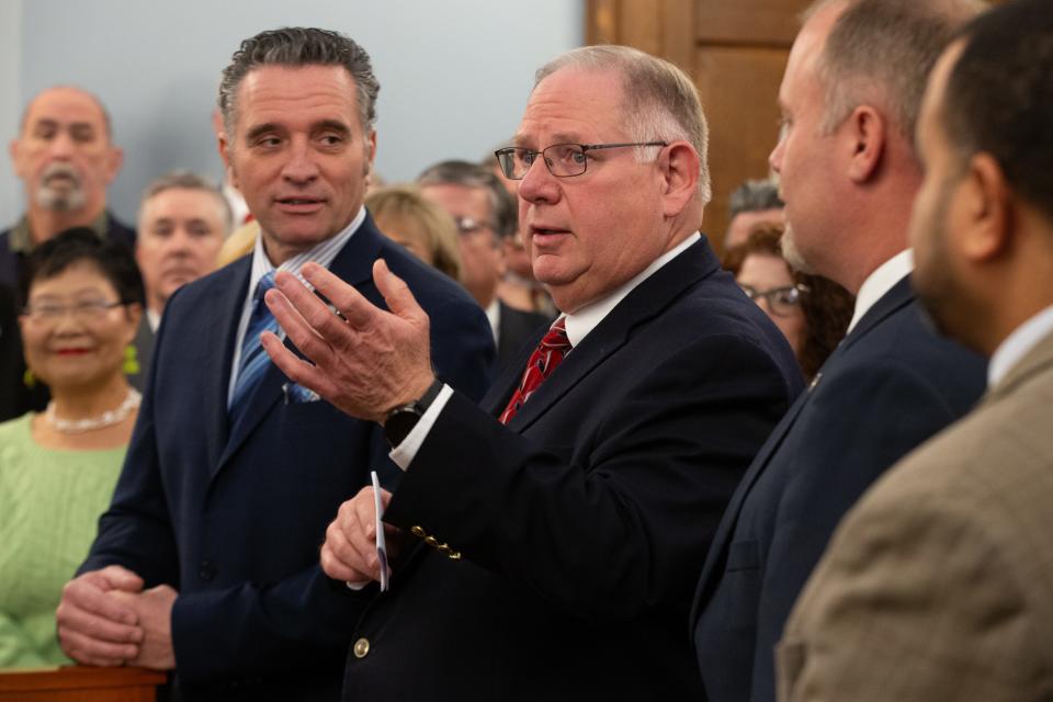 House Speaker Rep. Dan Hawkins, R-Wichita, explains details on a tax bill he and Senate President Ty Masterson, R-Andover, ceremonially signed last month. It was vetoed by Gov. Laura Kelly, and legislative leaders are trying to recruit votes to overcome the veto.