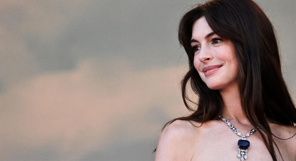 Anne Hathaway was a vision in white on the Cannes Film Festival red carpet on Thursday. (Getty Images)
