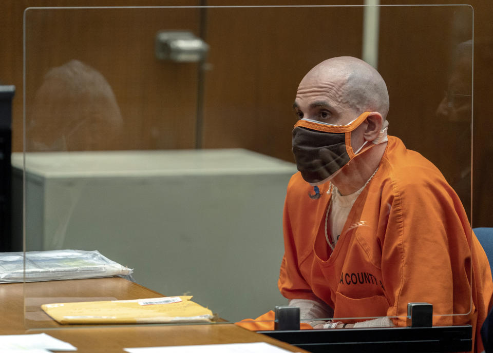 Michael Thomas Gargiulo listens during a sentencing hearing at Los Angeles Superior Court, Friday, July 16, 2021. Gargiulo has pleaded not guilty to two counts of murder and an attempted-murder charge stemming from attacks in the Los Angeles area between 2001 and 2008, including the death of Kutcher's former girlfriend, 22-year-old Ashley Ellerin. A judge denied a new trial for Garigiulo, a man prosecutors called “The Boy Next Door Killer,” who could be sentenced to death later Friday for the home-invasion murders of two women and the attempted murder of a third. (AP Photo/Damian Dovarganes)