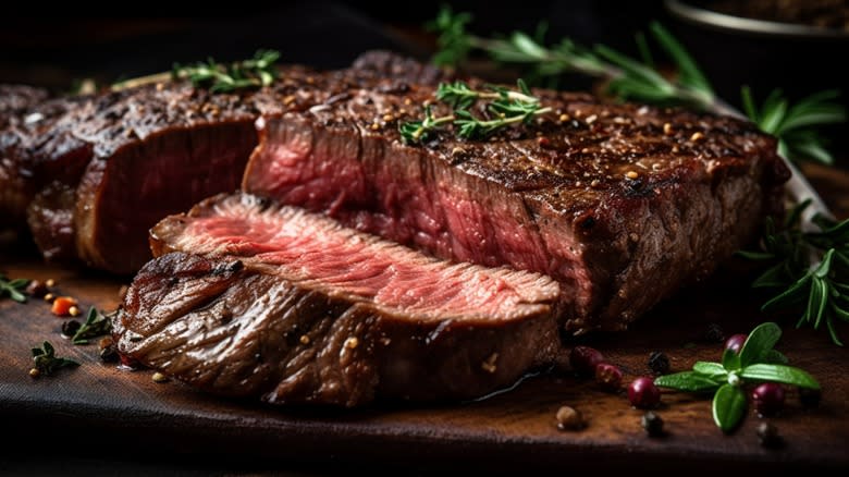 Close-up of medium-rare steak