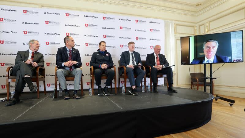 Former Gov. Michael O. Leavitt, Sen. Mike McKell, Fraser Bullock, president and CEO of the Salt Lake City-Utah Committee for the Games, Rep. Jon Hawkins, Lane Beattie, former president and CEO of the Salt Lake Chamber of Commerce, and Sen. Mitt Romney, via video, participate in an Olympic and Paralympic Winter Games panel discussion at “What’s Past is Prologue: Public policy lessons from the past quarter century” at the Thomas S. Monson Center in Salt Lake City on Friday, April 5, 2024.