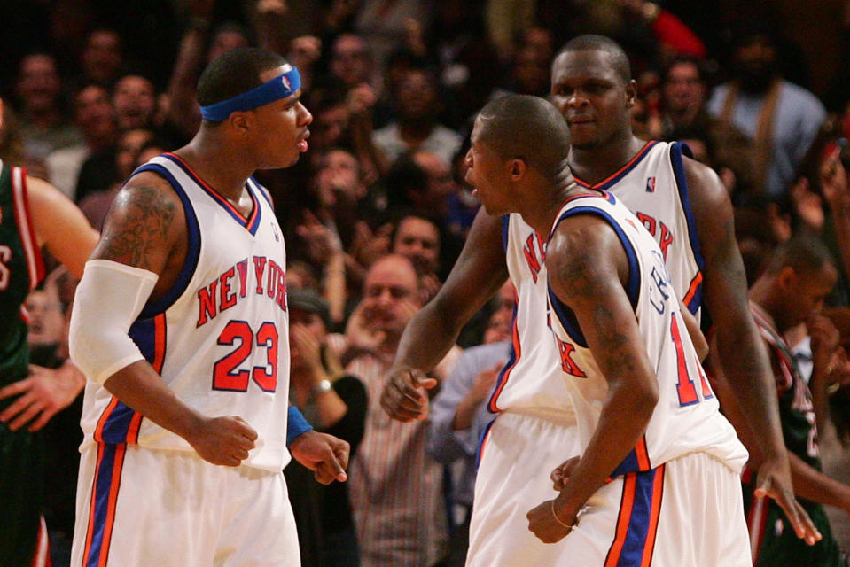 NEW YORK - NOVEMBER 30: Jamal Crawford #11 of the New York Knicks (R) celebrates with team mate Quentin Richardson #23 after scoring the winning shot against the Milwaukee Bucks on November 30, 2007 at Madison Square Garden in New York City. NOTE TO USER: User expressly acknowledges and agrees that, by downloading and/or using this Photograph, User is consenting to the terms and conditions of the Getty Images License Agreement. 