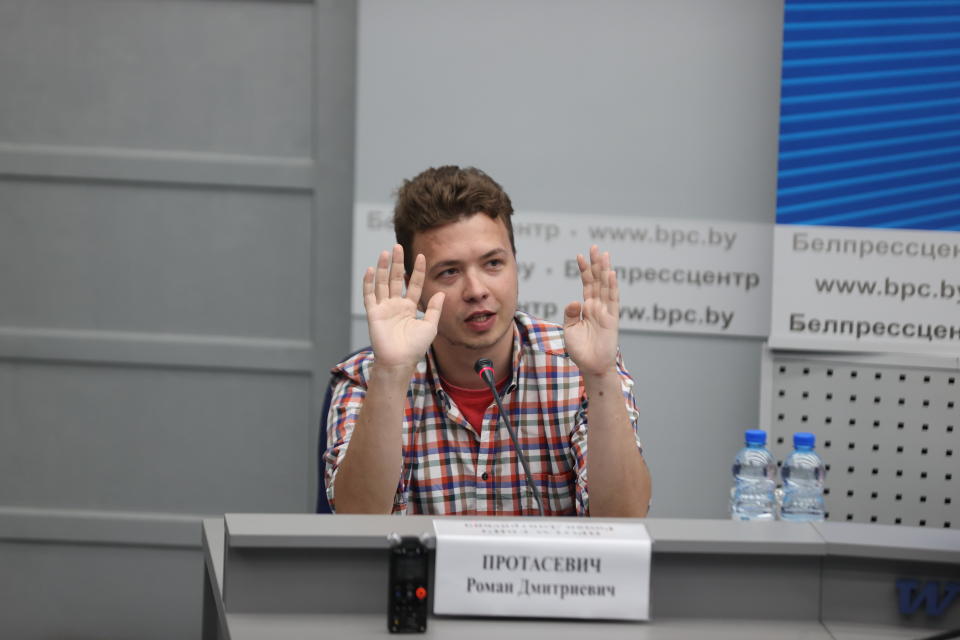 MINSK, BELARUS - JUNE 14: Jailed Belarusian journalist Roman Protasevich speaks during a press conference in Minsk, Belarus on June 14, 2021. Roman Protasevich detained involving in a &#xe2;terrorist incident&#xe2;&#x9d; after a Belarusian MIG-29 fighter jet scrambled to escort a Ryanair Boeing 737-8AS passing through Belarus&#39; airspace while heading from Athens, Greece to Vilnius, Lithuania, forcing it to land in Minsk over a bomb threat on May 23. (Photo by Stringer/Anadolu Agency via Getty Images)