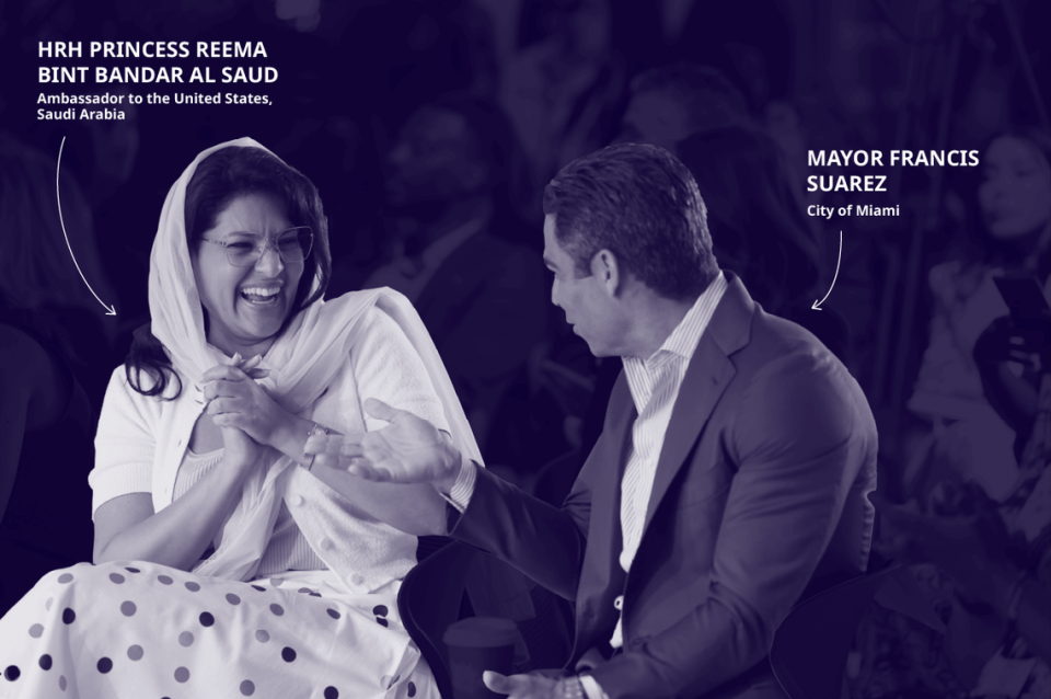 Mayor Francis Suarez and Princess Reema bint Bandar Al Saud, ambassador to the United States from the Kingdom of Saudi Arabia, photographed at a panel at the Miami Future Investment Initiative conference. 