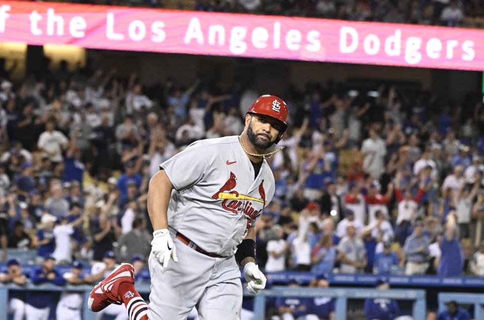 Los Angeles,  - September 23:  Albert Pujols #5 of the St. Louis Cardinals watches his two run home run and 699th of career off starting pitcher Andrew Heaney (not pictured) of the Los Angeles Dodgers in the third inning of a MLB baseball game at Dodger Stadium in Los Angeles on Friday, September 23, 2022. (Photo by Keith Birmingham/MediaNews Group/Pasadena Star-News via Getty Images)