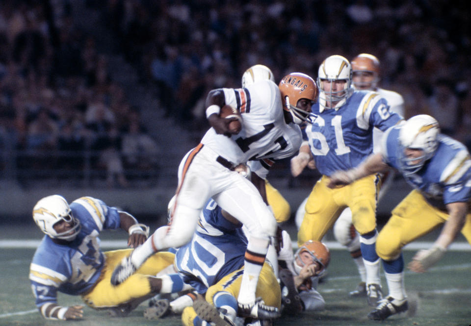 Ken Riley, who played cornerback for the Bengals for 15 seasons (1969-83) finished his career with 65 interceptions. Here he returns an interception against the San Diego Chargers in 1969.