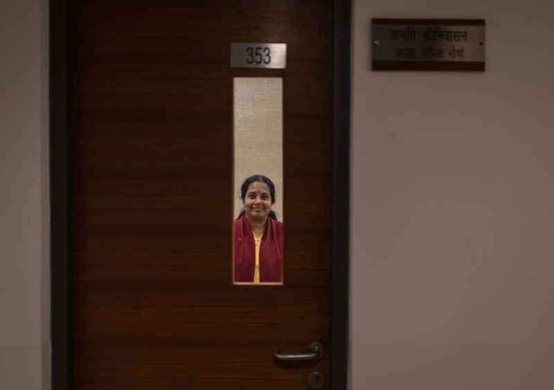 Vanathi Srinivasan, national president of women's wing of India's ruling BJP poses for a photograph inside the party's office in New Delhi